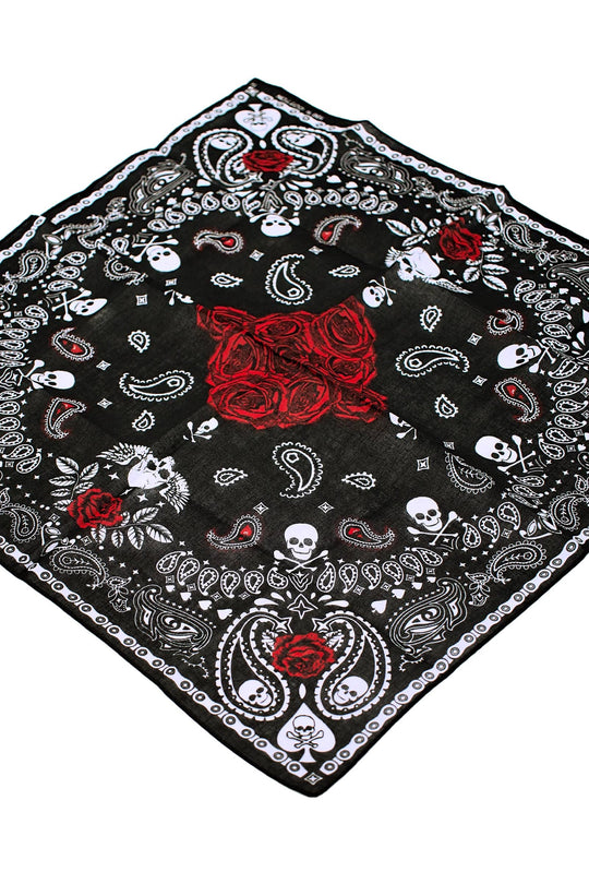Gothic Skull Paisley Rose Floral Print Cotton Square Bandana - -Our bandanas are fashion chameleon that can be worn as a stylish and versatile head wrap, a protective face mask, or a classic hanky scarf. In Stock at our Smyrna, TN shop not far from Murfreesboro.

Dimensions: 21.5" * 21.5" (55 cm * 55 cm)
100% Cotton