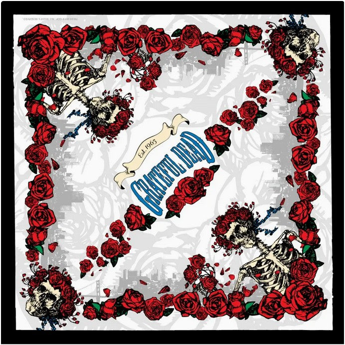 Grateful Dead Bertha's Roses bandana. Fully licensed by Grateful Dead productions. The Grateful Dead are the psychedelic era's most beloved musical ambassadors and one of the most powerful bands of all time. Get yours at our Smyrna, TN shop not far from Murfreesboro.

Colorfast dyes on super soft, 100% cotton.
Measures 22 inches x 22 inches.
Handcrafted in India using traditional techniques.