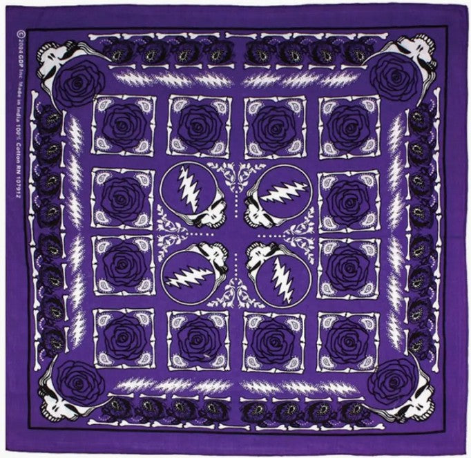 Grateful Dead Roses bandana. Fully licensed by Grateful Dead productions. The Grateful Dead are the psychedelic era's most beloved musical ambassadors and one of the most powerful bands of all time. Get yours at our Smyrna, TN shop not far from Murfreesboro.

Colorfast dyes on super soft, 100% cotton.
Measures 22 inches x 22 inches.
Handcrafted in India using traditional techniques.