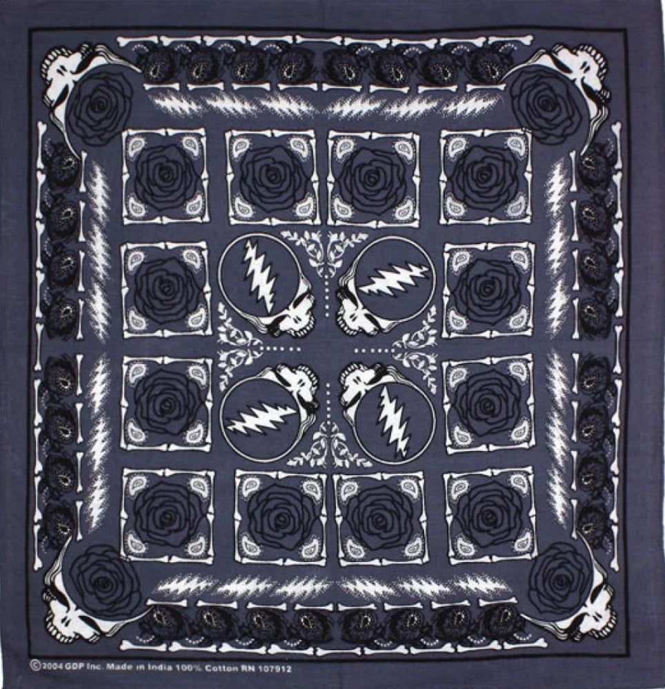 Grateful Dead Roses bandana. Fully licensed by Grateful Dead productions. The Grateful Dead are the psychedelic era's most beloved musical ambassadors and one of the most powerful bands of all time. Get yours at our Smyrna, TN shop not far from Murfreesboro.

Colorfast dyes on super soft, 100% cotton.
Measures 22 inches x 22 inches.
Handcrafted in India using traditional techniques.