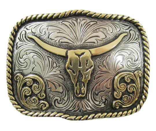 The 'Hay Bales' Belt Buckle is a twist on the classic Western style. Featuring Antique Silver scroll work and an Antiqued brass rope edge. Its simple yet elegant Scalloped rectangle shape makes it a comfortable choice. Measuring 2 1/2" in height and 3 1/4" in width, it can easily fit belts up to 1 3/4". You can find it in stock at our local shop in Smyrna, TN, just 20 minutes away from the legendary downtown Nashville. Made of&nbsp;Zinc and Imported form Mexico