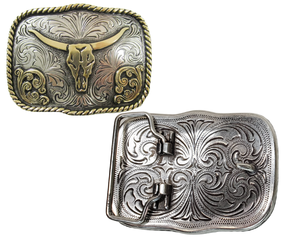 The 'Hay Bales' Belt Buckle is a twist on the classic Western style. Featuring Antique Silver scroll work and an Antiqued brass rope edge. Its simple yet elegant Scalloped rectangle shape makes it a comfortable choice. Measuring 2 1/2" in height and 3 1/4" in width, it can easily fit belts up to 1 3/4". You can find it in stock at our local shop in Smyrna, TN, just 20 minutes away from the legendary downtown Nashville. Made of&nbsp;Zinc and Imported form Mexico