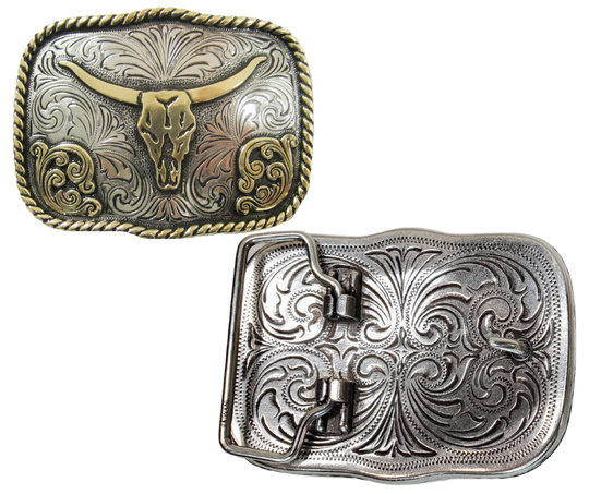 The 'Hay Bales' Belt Buckle is a twist on the classic Western style. Featuring Antique Silver scroll work and an Antiqued brass rope edge. Its simple yet elegant Scalloped rectangle shape makes it a comfortable choice. Measuring 2 1/2" in height and 3 1/4" in width, it can easily fit belts up to 1 3/4". You can find it in stock at our local shop in Smyrna, TN, just 20 minutes away from the legendary downtown Nashville. Made of&nbsp;Zinc and Imported form Mexico