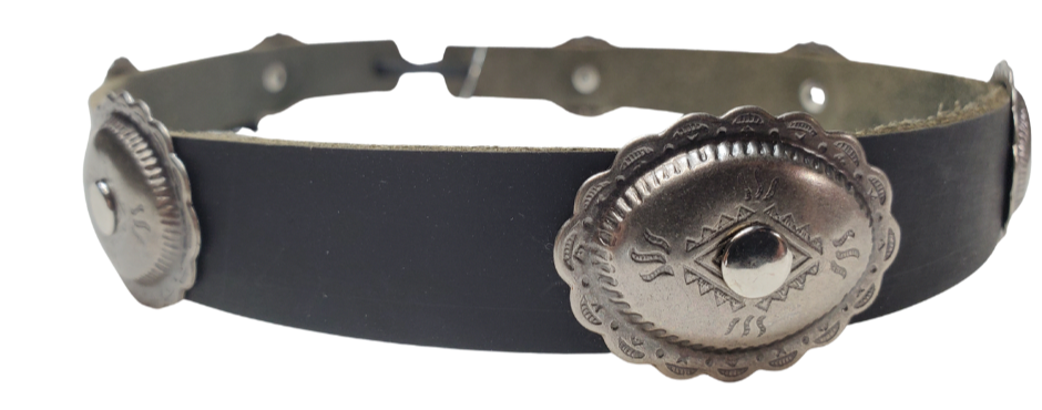 Our 7 Concho Tucson leather hatband is 3/4" wide by 23" (without tie string). Available in black or brown, pick one or a few. Fit's most any hat with adjustable bead and leather 1/8" string. Will fit most TOP HAT style and WESTERN crowned hats. Made in our Smyrna Tn. shop.