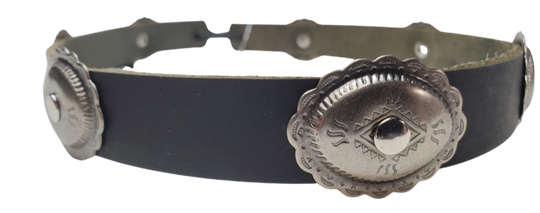Our 7 Concho Tucson leather hatband is 3/4" wide by 23" (without tie string). Available in black or brown, pick one or a few. Fit's most any hat with adjustable bead and leather 1/8" string. Will fit most TOP HAT style and WESTERN crowned hats. Made in our Smyrna Tn. shop.