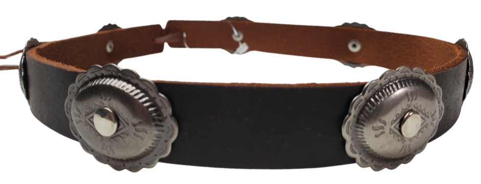 Our 7 Concho Tucson leather hatband is 3/4" wide by 23" (without tie string). Available in black or brown, pick one or a few. Fit's most any hat with adjustable bead and leather 1/8" string. Will fit most TOP HAT style and WESTERN crowned hats. Made in our Smyrna Tn. shop.