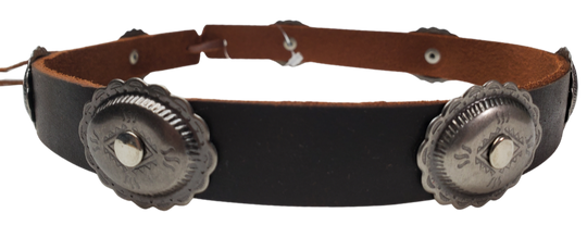 Our 7 Concho Tucson leather hatband is 3/4" wide by 23" (without tie string). Available in black or brown, pick one or a few. Fit's most any hat with adjustable bead and leather 1/8" string. Will fit most TOP HAT style and WESTERN crowned hats. Made in our Smyrna Tn. shop.