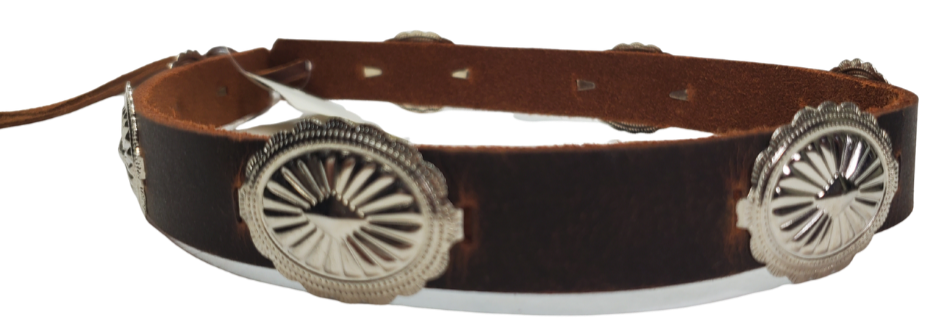 These are some hat bands we used up some Old Stock Conchos on. We aren't going to restock these anymore. Limited quantities! Made at our Smyrna, TN shop 30 minutes from Nashville.