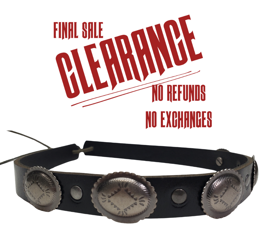 These are some hat bands we used up some Old Stock Conchos on. We aren't going to restock these anymore. Limited quantities! Made at our Smyrna, TN shop 30 minutes from Nashville.