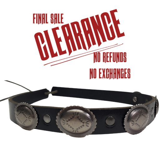 These are some hat bands we used up some Old Stock Conchos on. We aren't going to restock these anymore. Limited quantities! Made at our Smyrna, TN shop 30 minutes from Nashville.
