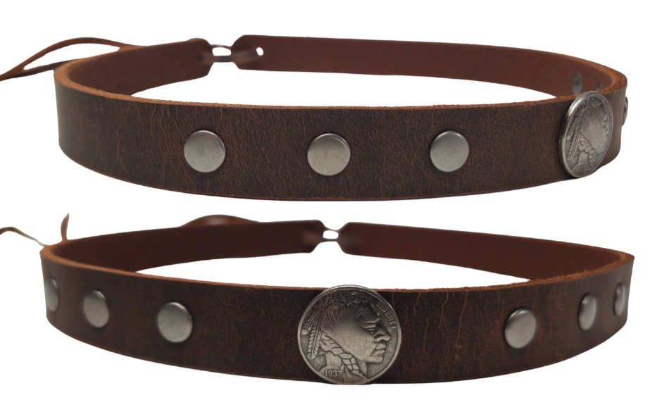 What's more classic than a the Buffalo/Indian head Nickel? Our 1 Indian Nickel framed with 3 rivets on each side. The hatband is 3/4" wide by 23" (without tie string). Available in black or Distressed brown, pick one or a few. Fit's most any hat with adjustable bead and leather 1/8" string. Will fit most TOP HAT style and WESTERN crowned hats. Made in our Smyrna Tn. shop.