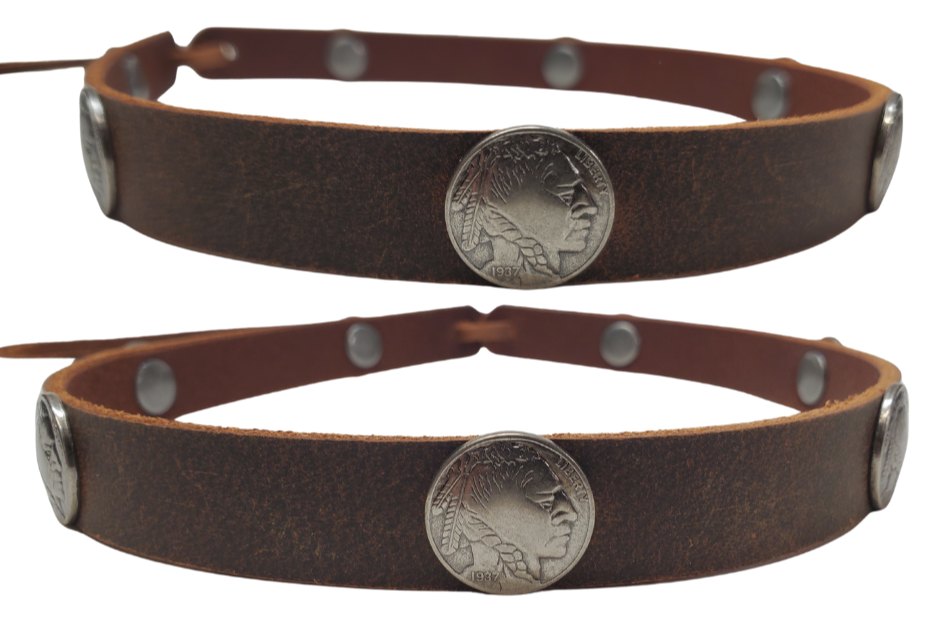 What's more classic than a the Buffalo Nickel? The flip side! Our 7 Indian Nickels leather hatband is 3/4" wide by 23" (without tie string). Available in black or brown, pick one or a few. Fit's most any hat with adjustable bead and leather 1/8" string. Will fit most TOP HAT style and WESTERN crowned hats. Made in our Smyrna Tn. shop.