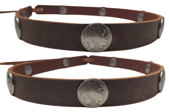 What's more classic than a the Buffalo Nickel? The flip side! Our 7 Indian Nickels leather hatband is 3/4" wide by 23" (without tie string). Available in black or brown, pick one or a few. Fit's most any hat with adjustable bead and leather 1/8" string. Will fit most TOP HAT style and WESTERN crowned hats. Made in our Smyrna Tn. shop.