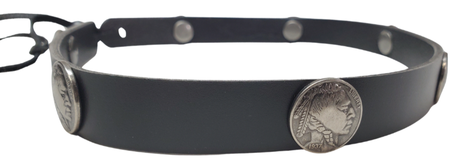 What's more classic than a the Buffalo Nickel? The flip side! Our 7 Indian Nickels leather hatband is 3/4" wide by 23" (without tie string). Available in black or brown, pick one or a few. Fit's most any hat with adjustable bead and leather 1/8" string. Will fit most TOP HAT style and WESTERN crowned hats. Made in our Smyrna Tn. shop.