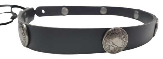 What's more classic than a the Buffalo Nickel? The flip side! Our 7 Indian Nickels leather hatband is 3/4" wide by 23" (without tie string). Available in black or brown, pick one or a few. Fit's most any hat with adjustable bead and leather 1/8" string. Will fit most TOP HAT style and WESTERN crowned hats. Made in our Smyrna Tn. shop.