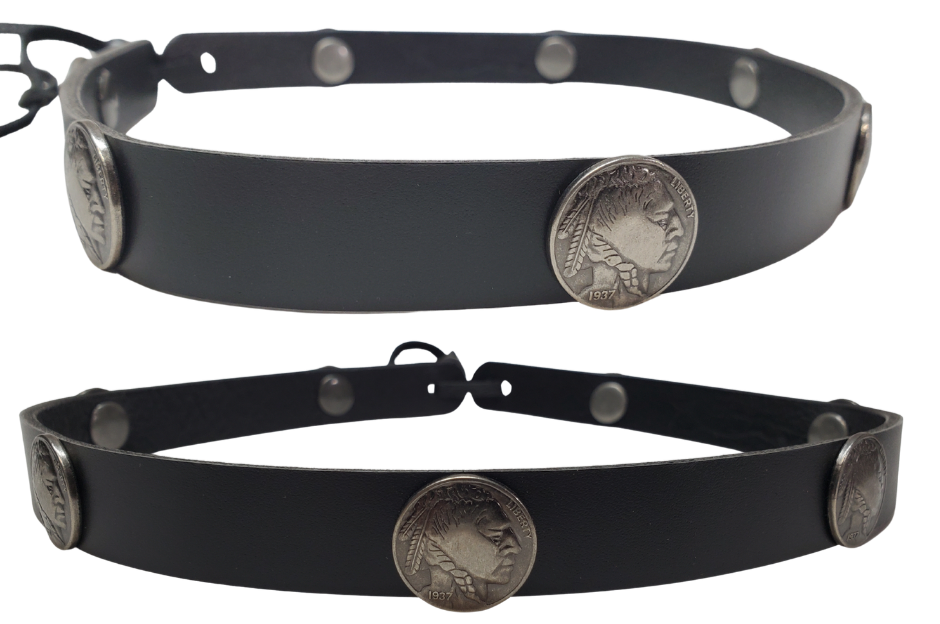 What's more classic than a the Buffalo Nickel? The flip side! Our 7 Indian Nickels leather hatband is 3/4" wide by 23" (without tie string). Available in black or brown, pick one or a few. Fit's most any hat with adjustable bead and leather 1/8" string. Will fit most TOP HAT style and WESTERN crowned hats. Made in our Smyrna Tn. shop.