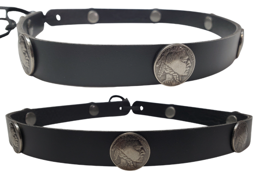 What's more classic than a the Buffalo Nickel? The flip side! Our 7 Indian Nickels leather hatband is 3/4" wide by 23" (without tie string). Available in black or brown, pick one or a few. Fit's most any hat with adjustable bead and leather 1/8" string. Will fit most TOP HAT style and WESTERN crowned hats. Made in our Smyrna Tn. shop.