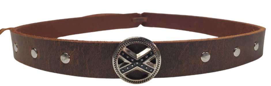 Have a Southern Heritage? Our Stars and Bars framed with 3 rivets on each side will take care of that. The hatband is 3/4" wide by 23" (without tie string). Available in black or Distressed brown, pick one or a few. Fit's most any hat with adjustable bead and leather 1/8" string. Will fit most TOP HAT style and WESTERN crowned hats. Made in our Smyrna Tn. shop.