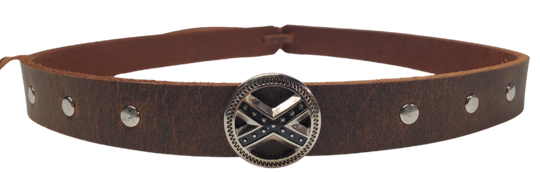 Have a Southern Heritage? Our Stars and Bars framed with 3 rivets on each side will take care of that. The hatband is 3/4" wide by 23" (without tie string). Available in black or Distressed brown, pick one or a few. Fit's most any hat with adjustable bead and leather 1/8" string. Will fit most TOP HAT style and WESTERN crowned hats. Made in our Smyrna Tn. shop.
