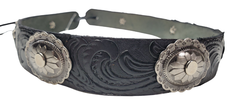 A classic Western Styled pattern with a Antique Southwest Sunburst concho completes our&nbsp;Rustler Hand Stained leather hatband. Band is 1" wide will fit up to size 7 1/2 hat. Matches our Rustler Belt. Fit's most any hat with adjustable bead and leather 1/8" string. Will fit most WESTERN crowned hats. Made in our Smyrna, TN. shop a short drive from downtown Nashville, TN.