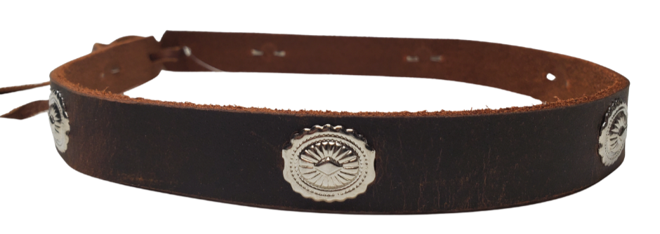 These are some hat bands we used up some Old Stock Conchos on. We aren't going to restock these anymore. Limited quantities! Made at our Smyrna, TN shop 30 minutes from Nashville.