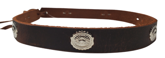 These are some hat bands we used up some Old Stock Conchos on. We aren't going to restock these anymore. Limited quantities! Made at our Smyrna, TN shop 30 minutes from Nashville.
