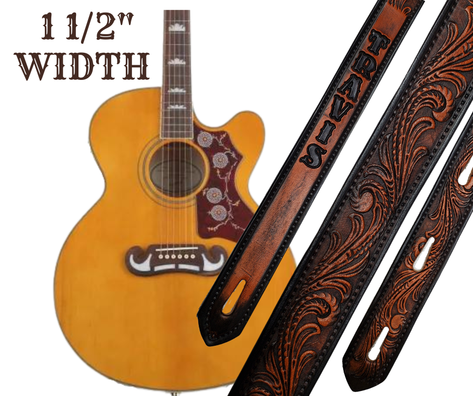 This Guitar Strap is crafted to the same high quality as our Custom belts! It's made of 1/8" thick, vegetable-tanned, drum-dyed cowhide, with beveled and black painted edges, and a unique hand stained finish and a Hand Painted Name. The main strap is one 1 1/2" wide, with a single hole in the front and 3-hole adjustment on the back. We proudly manufacture it in Smyrna, TN - just outside Nashville. 