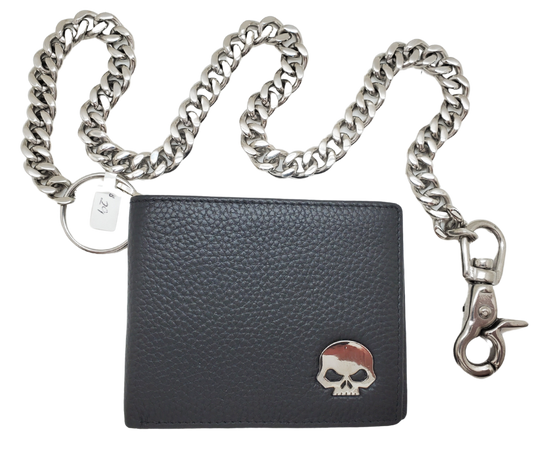 The Willy Bifold Chain Wallet gets you ready for the long ride or a short to bike night. Carry all of your necessary cards and cash wrapped up in soft leather with the Willy style skull Concho on the outside right corner. Unlike our other Chain wallets you can CHOOSE a basic chain OR no Chain. Available in our Smyrna, TN shop not far from Murfreesboro.