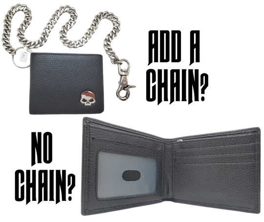 The Willy Bifold Chain Wallet gets you ready for the long ride or a short to bike night. Carry all of your necessary cards and cash wrapped up in soft leather with the Willy style skull Concho on the outside right corner. Unlike our other Chain wallets you can CHOOSE a basic chain OR no Chain. Available in our Smyrna, TN shop not far from Murfreesboro.