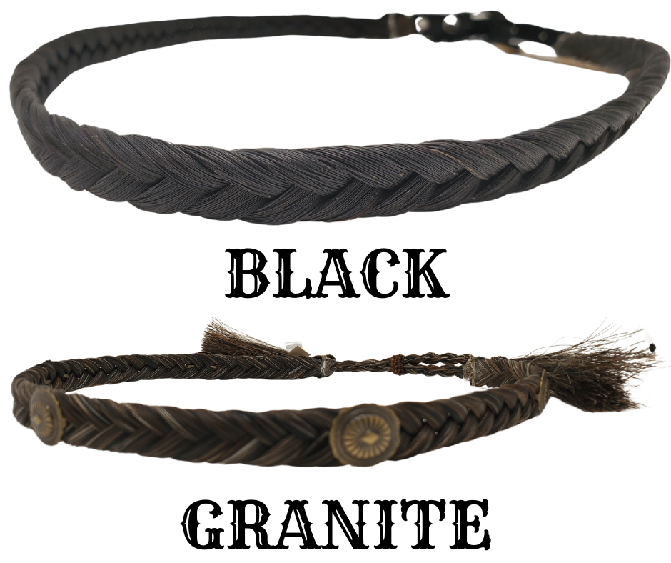 Add a touch of Navajo cross conchos to your hat by using our Authentic Horse Hair hatband, approximately 1/2 inch wide. This hatband is finished with leather ends and a 3 piece style buckle adjustable closure, and can fit most hats. It is suitable for various hat styles and western crowned hats. You can find it at our shop in Smyrna, Tn. Each piece is crafted in Montana using horsehair mainly sourced from Argentina, Mongolia, and Canada.