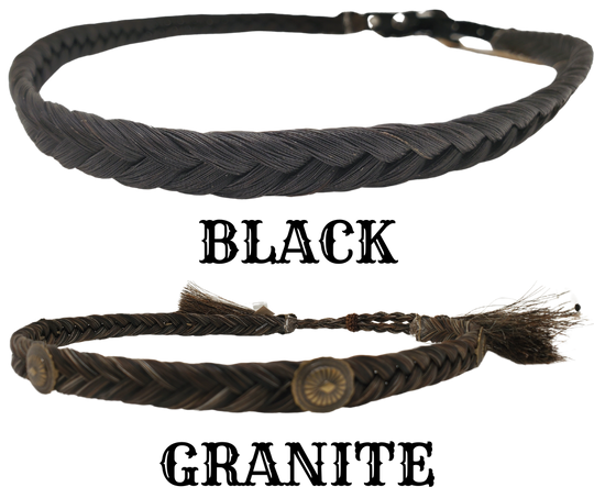 Add a touch of Navajo cross conchos to your hat by using our Authentic Horse Hair hatband, approximately 1/2 inch wide. This hatband is finished with leather ends and a 3 piece style buckle adjustable closure, and can fit most hats. It is suitable for various hat styles and western crowned hats. You can find it at our shop in Smyrna, Tn. Each piece is crafted in Montana using horsehair mainly sourced from Argentina, Mongolia, and Canada.