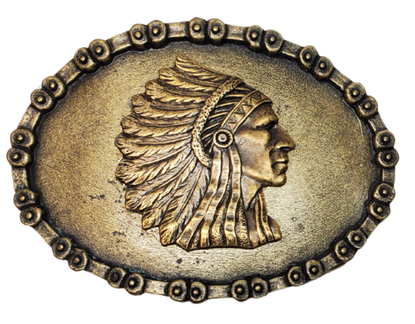The comfortable oval shaped will make this your one of your favs. The Antique Brass finish and Chief Head will work with most any outfit or style of clothes. Whether you visit our retail store in Smyrna, TN or shop online, don't miss the chance to add this unique piece to your collection.