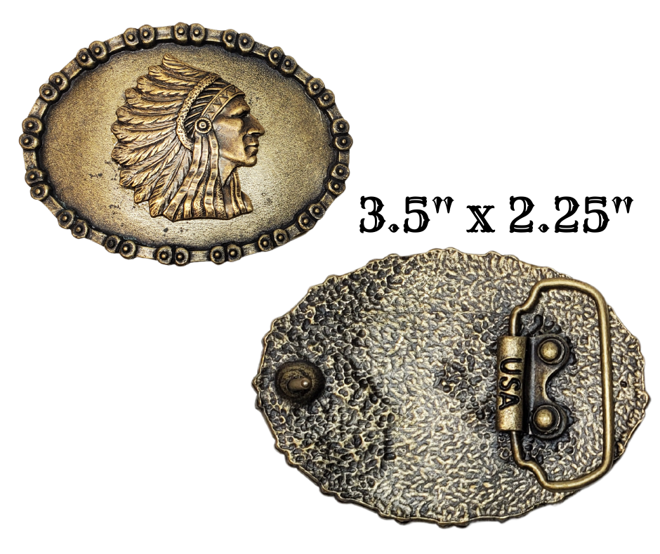 The comfortable oval shaped will make this your one of your favs. The Antique Brass finish and Chief Head will work with most any outfit or style of clothes. Whether you visit our retail store in Smyrna, TN or shop online, don't miss the chance to add this unique piece to your collection.