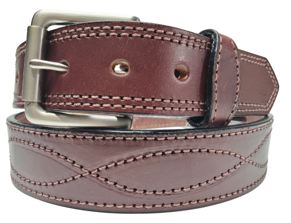 "The High Plains" is a 1 12" wide has a Stitched Figure 8 and Border nearly 1/4" thick cowhide belt. The buckle is roller style antique nickel plated snapped in place for easy buckle change. This belt is stocked in our shop in Smyrna, TN just outside Nashville.
We don't make this USA made belt but it's Buckle and Hide approved. Colors may vary do to the manufacturing process.