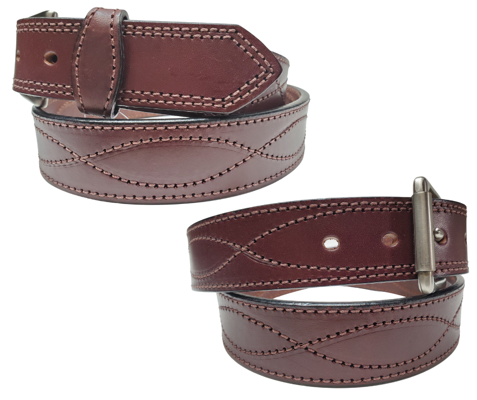 "The High Plains" is a 1 12" wide has a Stitched Figure 8 and Border nearly 1/4" thick cowhide belt. The buckle is roller style antique nickel plated snapped in place for easy buckle change. This belt is stocked in our shop in Smyrna, TN just outside Nashville.
