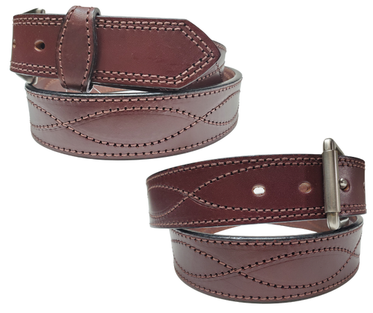 "The High Plains" is a 1 12" wide has a Stitched Figure 8 and Border nearly 1/4" thick cowhide belt. The buckle is roller style antique nickel plated snapped in place for easy buckle change. This belt is stocked in our shop in Smyrna, TN just outside Nashville.