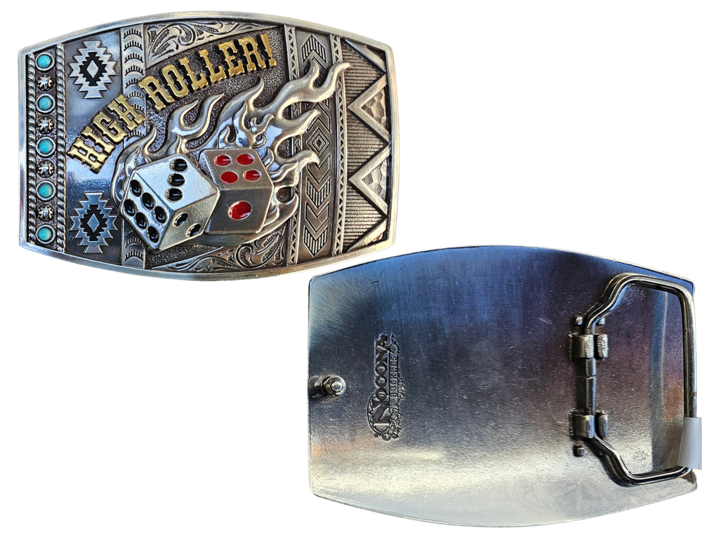 Gamble with a mix Southwest design, Dice and Flames and you get the High Roller Buckle. This rounded rectangular belt buckle features Antique Silver-color with Black and Red Pips finished off with the words HIGH ROLLER in a brass tone. You can find it at our retail shop in Smyrna, TN, located just outside of Nashville.
Measuring 3" tall by 4" wide
Fit's belts up to 1 1/2" wide.
Imported