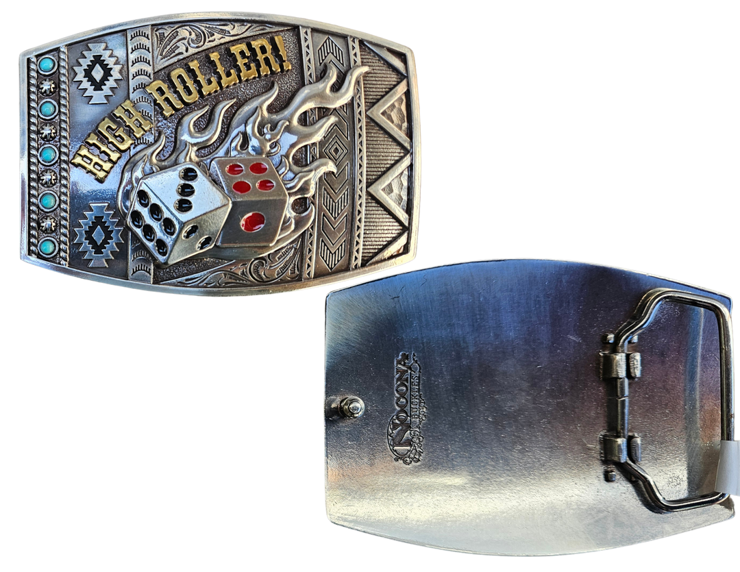 Gamble with a mix Southwest design, Dice and Flames and you get the High Roller Buckle. This rounded rectangular belt buckle features Antique Silver-color with Black and Red Pips finished off with the words HIGH ROLLER in a brass tone. You can find it at our retail shop in Smyrna, TN, located just outside of Nashville.
Measuring 3" tall by 4" wide
Fit&
