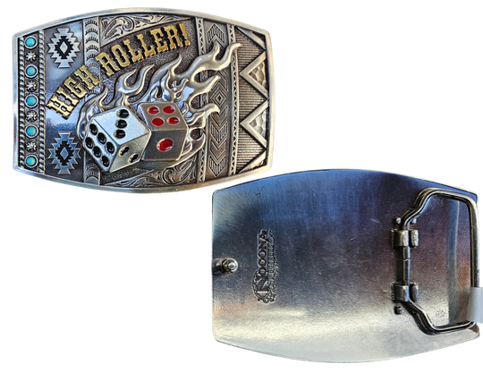 Gamble with a mix Southwest design, Dice and Flames and you get the High Roller Buckle. This rounded rectangular belt buckle features Antique Silver-color with Black and Red Pips finished off with the words HIGH ROLLER in a brass tone. You can find it at our retail shop in Smyrna, TN, located just outside of Nashville.
Measuring 3" tall by 4" wide
Fit&