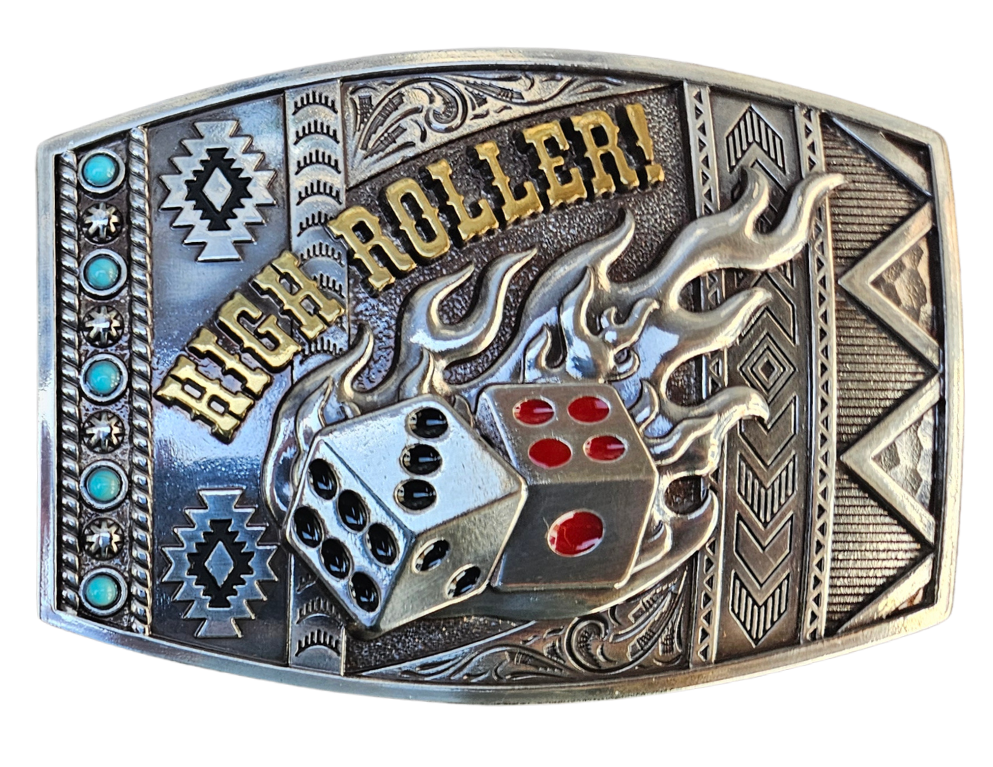 Gamble with a mix Southwest design, Dice and Flames and you get the High Roller Buckle. This rounded rectangular belt buckle features Antique Silver-color with Black and Red Pips finished off with the words HIGH ROLLER in a brass tone. You can find it at our retail shop in Smyrna, TN, located just outside of Nashville.
Measuring 3" tall by 4" wide
Fit's belts up to 1 1/2" wide.
Imported
