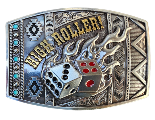 Gamble with a mix Southwest design, Dice and Flames and you get the High Roller Buckle. This rounded rectangular belt buckle features Antique Silver-color with Black and Red Pips finished off with the words HIGH ROLLER in a brass tone. You can find it at our retail shop in Smyrna, TN, located just outside of Nashville.
Measuring 3" tall by 4" wide
Fit&