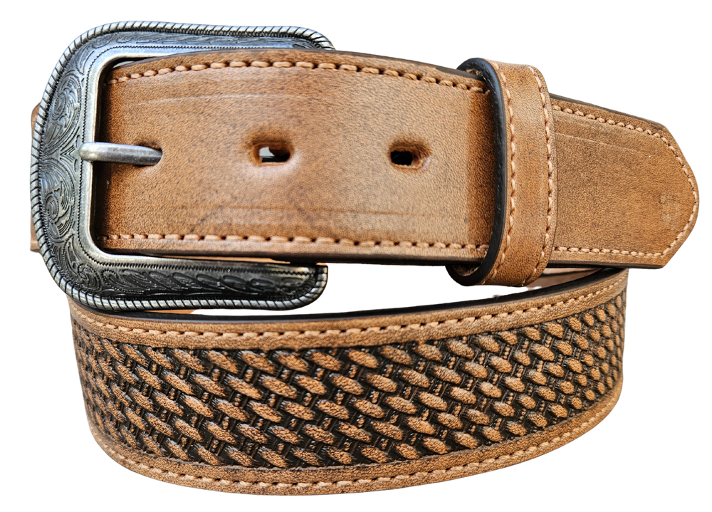 "The Chisholm Trail" weave is a real leather belt made from a single thick parts of cowhide shoulder leather that is 8-10 oz. or approx. 1/8" thick. It is assembled in 3 main sections 2 billets or end parts and the main center section. It has  also has a Braid pattern. The buckle has ornate western floral pattern that's antique nickel plated and is snapped in place for easy buckle change.  This belt is stocked in our shop in Smyrna, TN just outside Nashville.