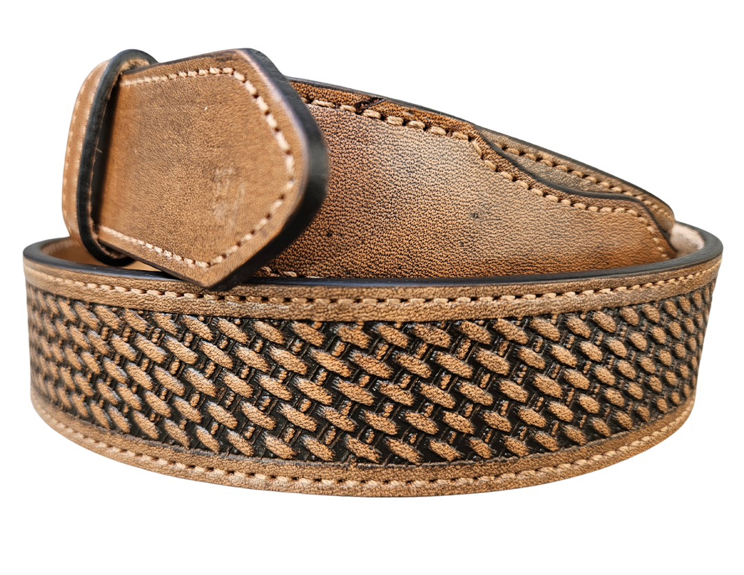 "The Chisholm Trail" weave is a real leather belt made from a single thick parts of cowhide shoulder leather that is 8-10 oz. or approx. 1/8" thick. It is assembled in 3 main sections 2 billets or end parts and the main center section. It has  also has a Braid pattern. The buckle has ornate western floral pattern that&