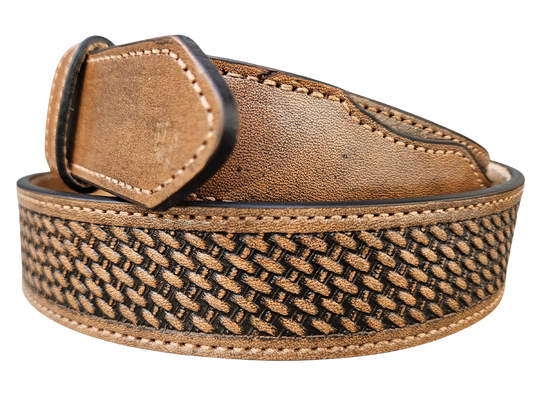 "The Chisholm Trail" weave is a real leather belt made from a single thick parts of cowhide shoulder leather that is 8-10 oz. or approx. 1/8" thick. It is assembled in 3 main sections 2 billets or end parts and the main center section. It has  also has a Braid pattern. The buckle has ornate western floral pattern that&