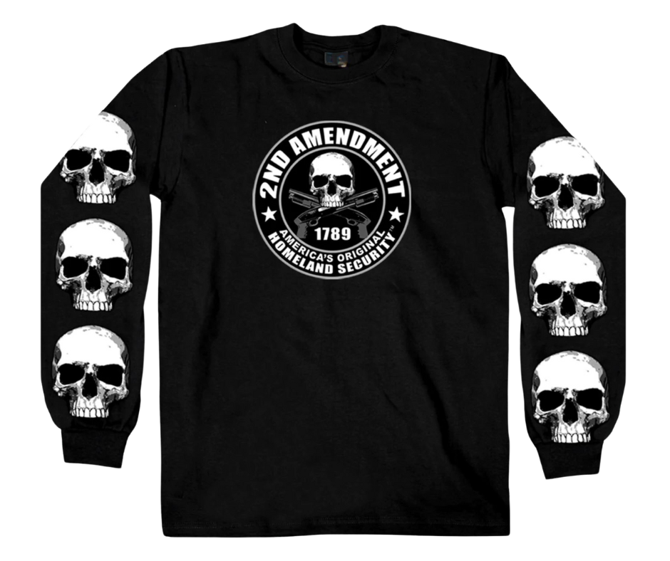 Be a part of the "Homeland Security" crew. Cotton blend with 2nd Amendment graphics on the front AND back, and Skulls on both sleeves. Available in our shop just outside Nashville in Smyrna, TN.  Certain times of the year we may have low stock.