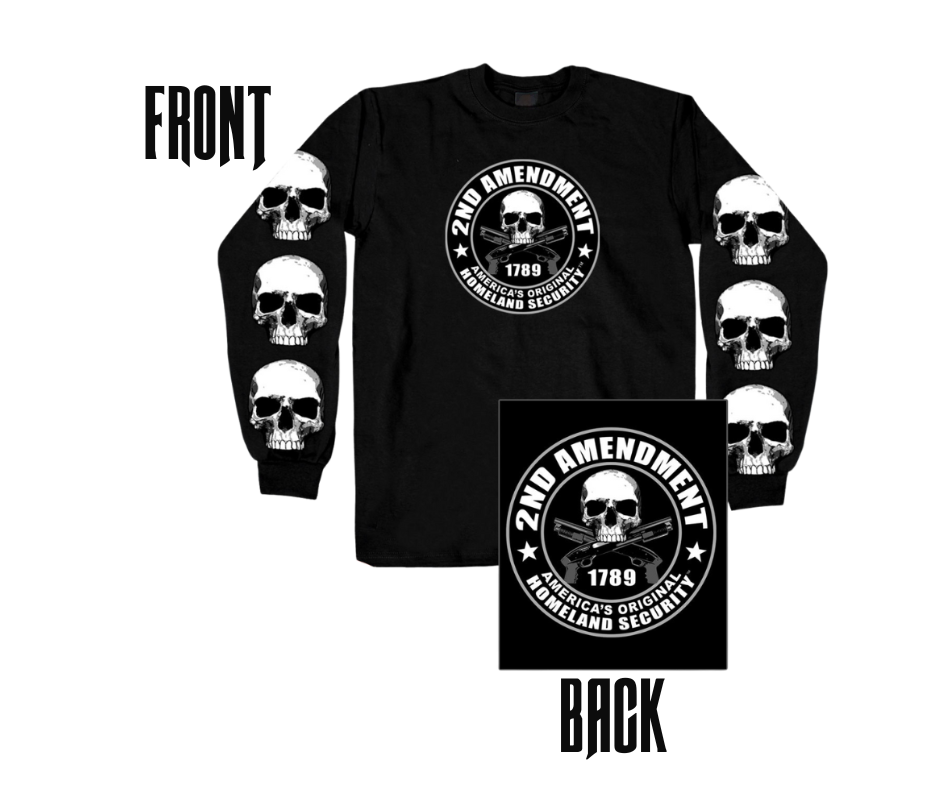 Be a part of the "Homeland Security" crew. Cotton blend with 2nd Amendment graphics on the front AND back, and Skulls on both sleeves. Available in our shop just outside Nashville in Smyrna, TN.  Certain times of the year we may have low stock.