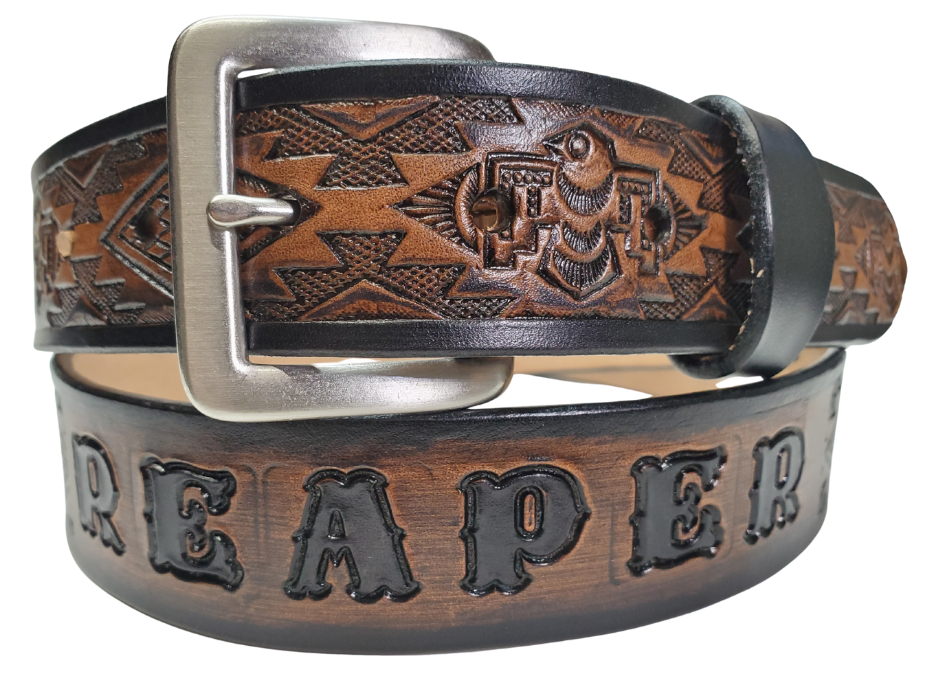 The Holliday features a cool Southwestern embossing on its full-grain American veg-tanned cowhide, about 1/8" thick and 1 1/2" wide. It sports a solid brass buckle with an antique nickel finish, available in 3 hand-finished colors and smooth, burnished painted edges. You can personalize it with your name or let the design run wild across the whole belt. Crafted with care in our Smyrna, TN workshop just outside Nashville.