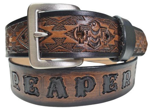 The Holliday features a cool Southwestern embossing on its full-grain American veg-tanned cowhide, about 1/8" thick and 1 1/2" wide. It sports a solid brass buckle with an antique nickel finish, available in 3 hand-finished colors and smooth, burnished painted edges. You can personalize it with your name or let the design run wild across the whole belt. Crafted with care in our Smyrna, TN workshop just outside Nashville.