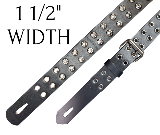 Great Musicians have been a staple for years in Nashville. Be on your way starting your journey with this Vintage styled 1 1/2" HOLES Strap. The main Body of the Guitar strap is approx. 1/8" thick with Holes down the entire Strap. The Buckle and End hole adjustment goes from approx. 42" to 56" at it's longest . Made just outside Nashville in our Smyrna, TN. shop. It will will be your favorite strap after a "break in" period.