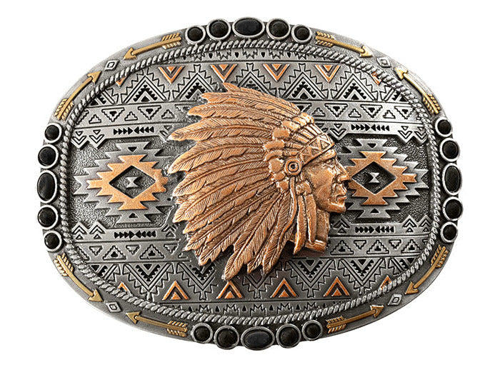 The Homeland Belt Buckle in a easy wearing oval shape features an Indian Chief motif in the center in pearl copper against an engraved southwest background with pearl copper accents. Antique gold arrows are engraved around the edge and black stone inlays are on the outer edge. Check these out at our Smyrna, TN shop not far from Murfreesboro.

3 x 4, Indian Chief Motif
98% Zinc, 1% Iron, 1% Stone